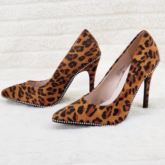 Brand New Leopard Print Stud Trim Pointy Toe High Heel Pumps - Picture 9 of 12